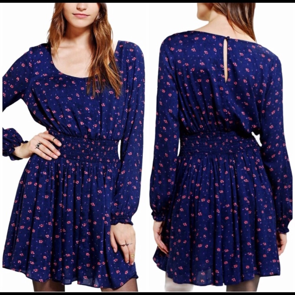 Kimchi Blue Blue Long Sleeve Dress With Pink Flowers